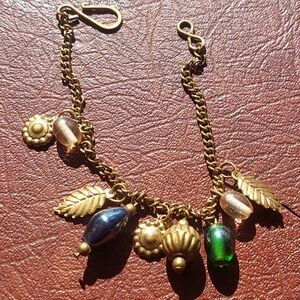 Vintage Gold Tone Nature Charm Bracelet - Leaf & Berry Dangles